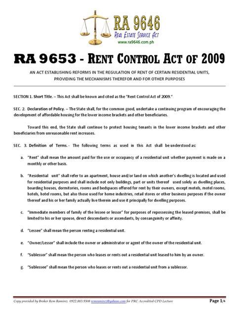 Rental Control Act of 2009 (RA 9653) for Landlords & Tenants.